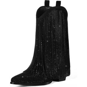 ⚡Women's Black Ankle Boots Western Rhinestone Sparkly Fringe Chunky Heel